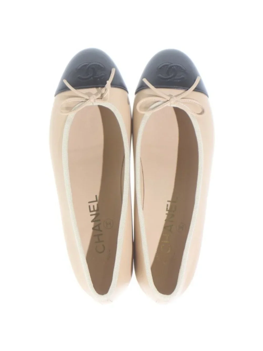 Chanel CC Logo Ballerina Flat Shoes Pumps Lambskin Leather Beige Black